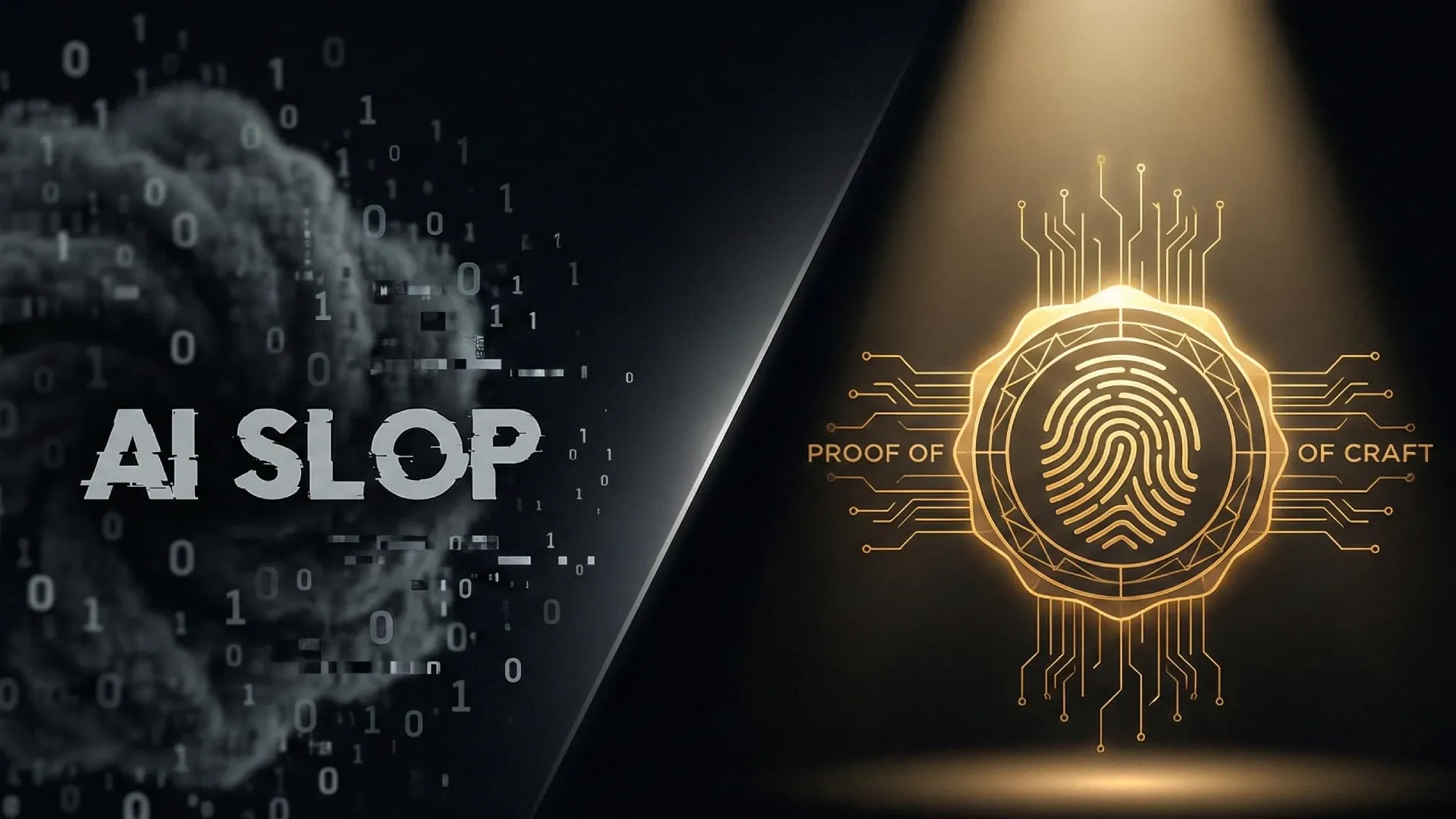 Illustration of AI slop vs human proof of craft. A golden digital fingerprint emerging from chaotic binary code, symbolizing human verification in 2026 SEO.