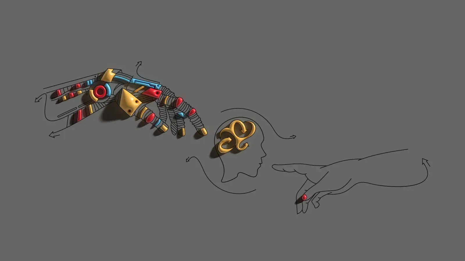 Artificial intelligence technology concept showing a mechanical robot arm connecting with a human hand through a mind symbol on a grey background.