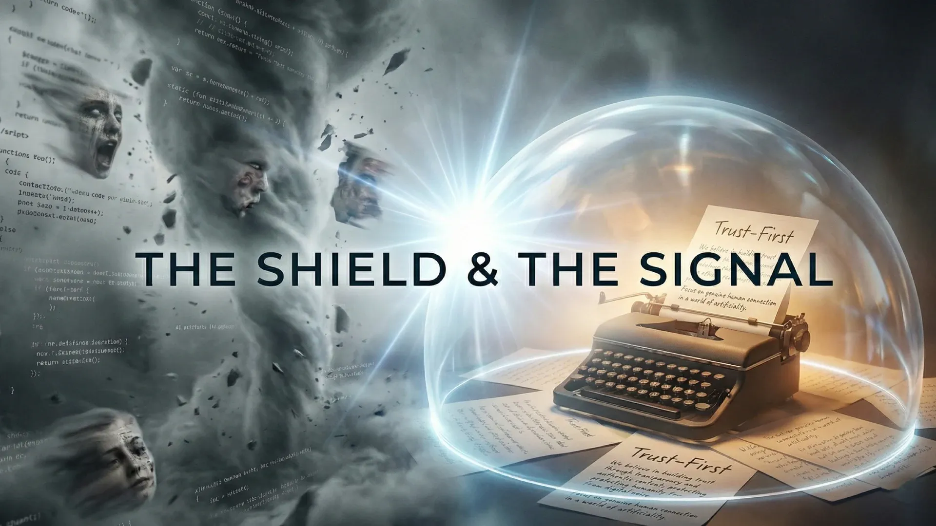 Conceptual illustration of cybersecurity and trust, titled "THE SHIELD & THE SIGNAL," showing a protective glowing dome over a vintage typewriter and handwritten "Trust-First" note